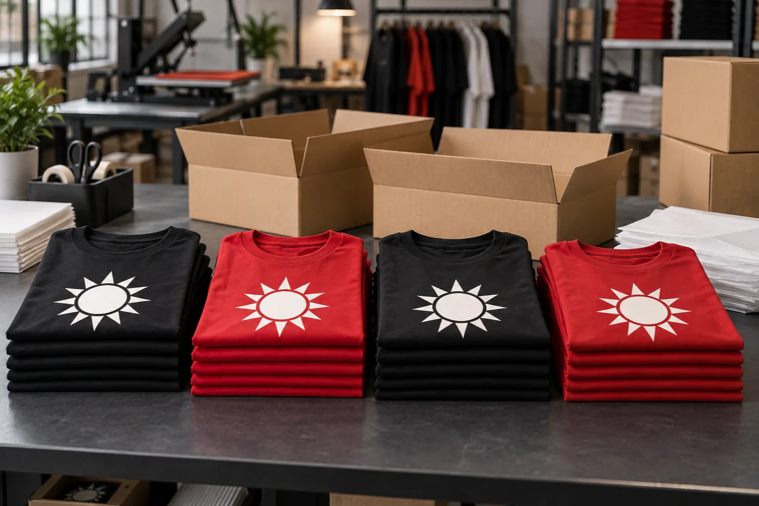 Bulk contract apparel printing with stacks of custom printed black and red T-shirts ready for packing