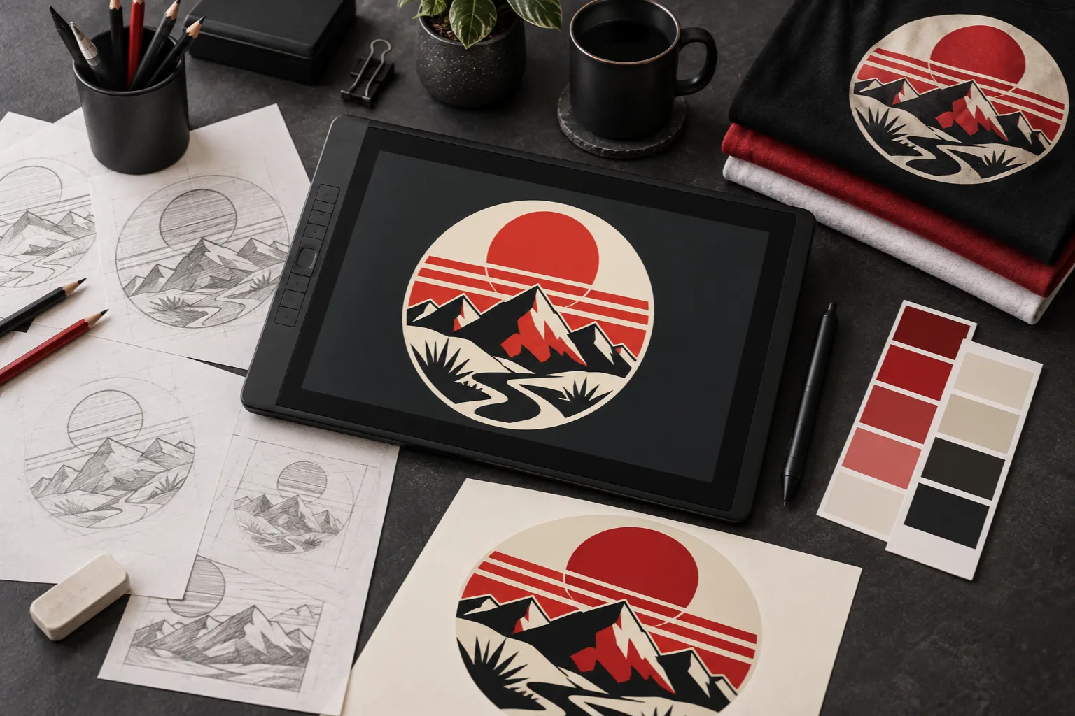 Custom apparel artwork with a mountain design on a drawing tablet beside pencil sketches and a printed proof