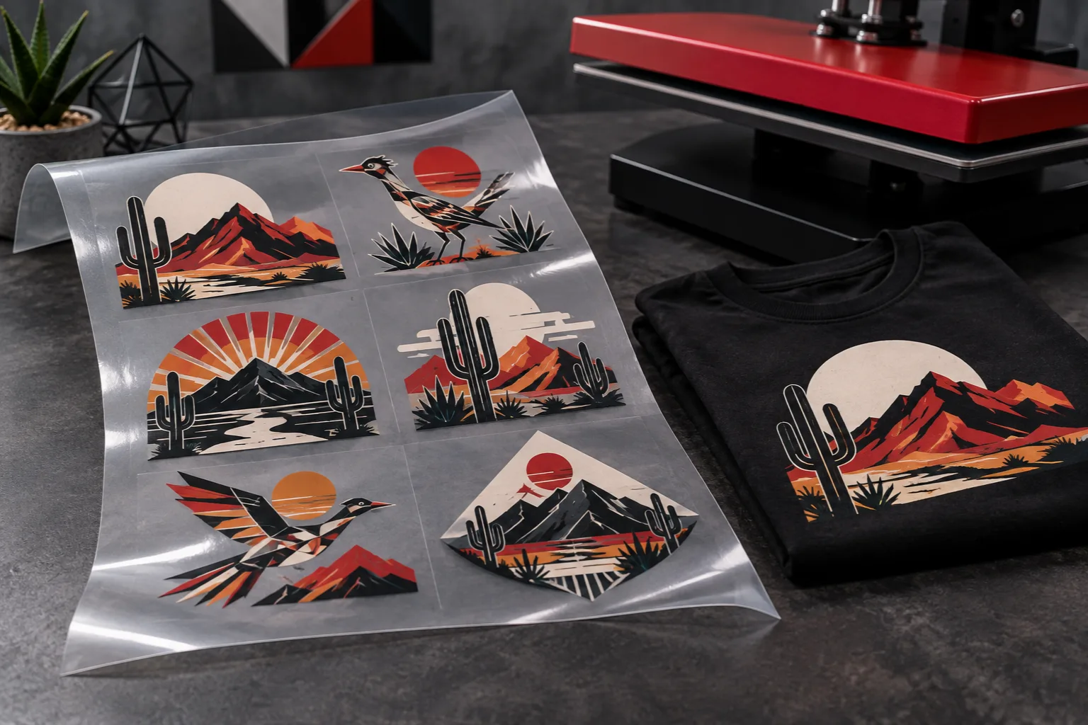 Direct-to-film (DTF) gangsheet with full-color desert transfers beside a matching custom printed T-shirt