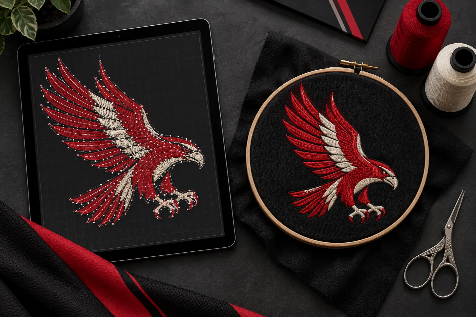Embroidery digitizing with bird stitch paths on a tablet beside a matching embroidered sew-out in a hoop