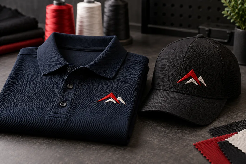 Contract embroidery of red and cream mountain emblems stitched on a navy polo and a black cap