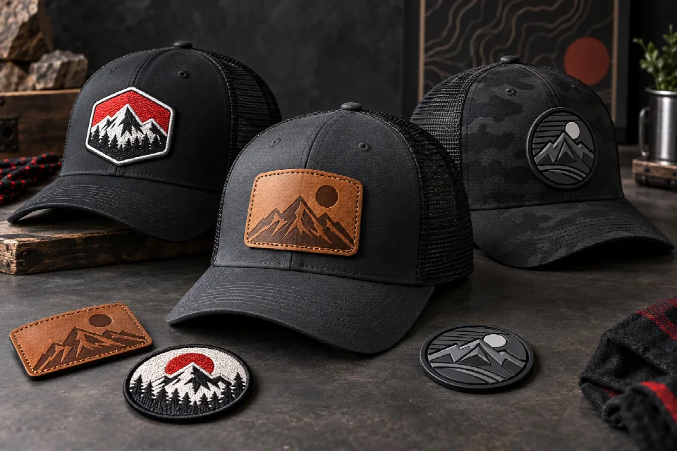 Custom leather, embroidered and PVC hat patches with mountain designs on black trucker caps