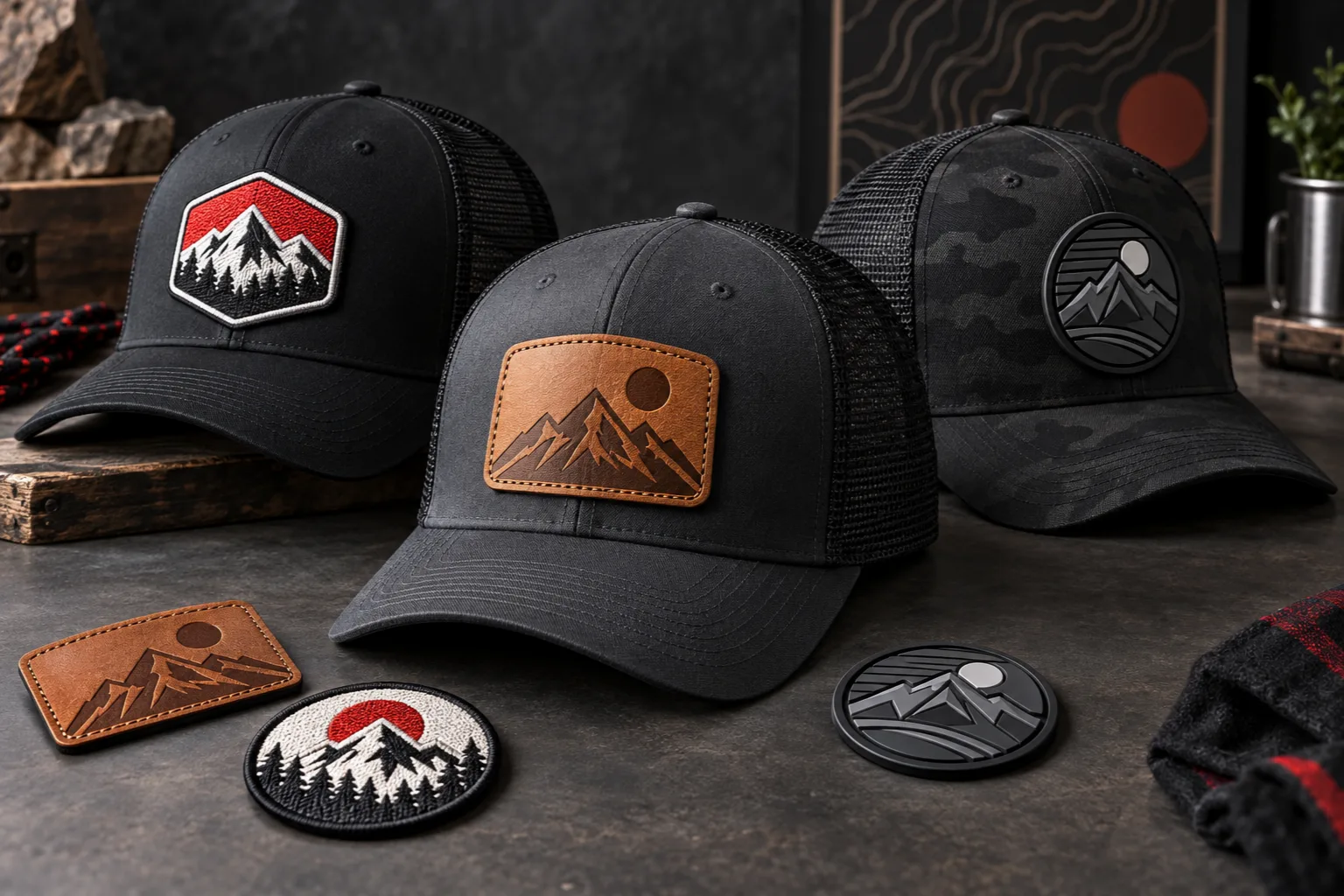 Custom leather, embroidered and PVC hat patches with mountain designs on black trucker caps