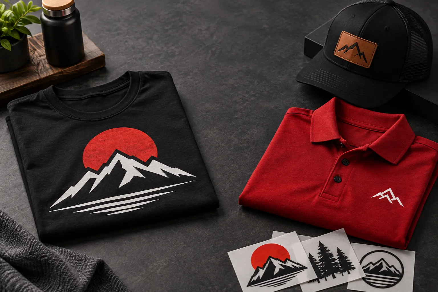 Custom apparel illustration for Sportswear Express in Mesa, AZ: printed T-shirt, embroidered polo and leather patch cap