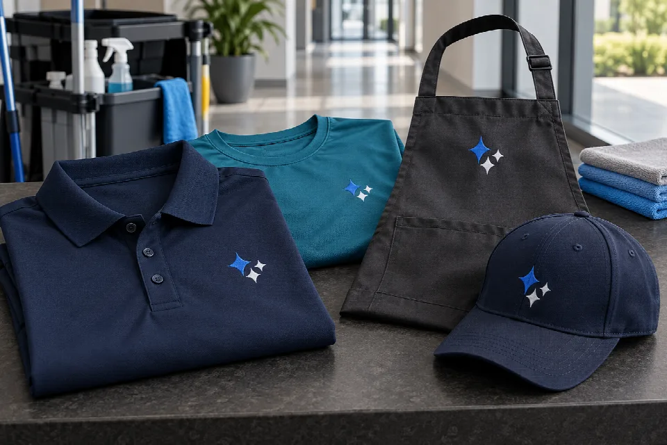 Navy polo, teal cleaning crew T-shirt, charcoal apron and navy cap with a blue geometric logo