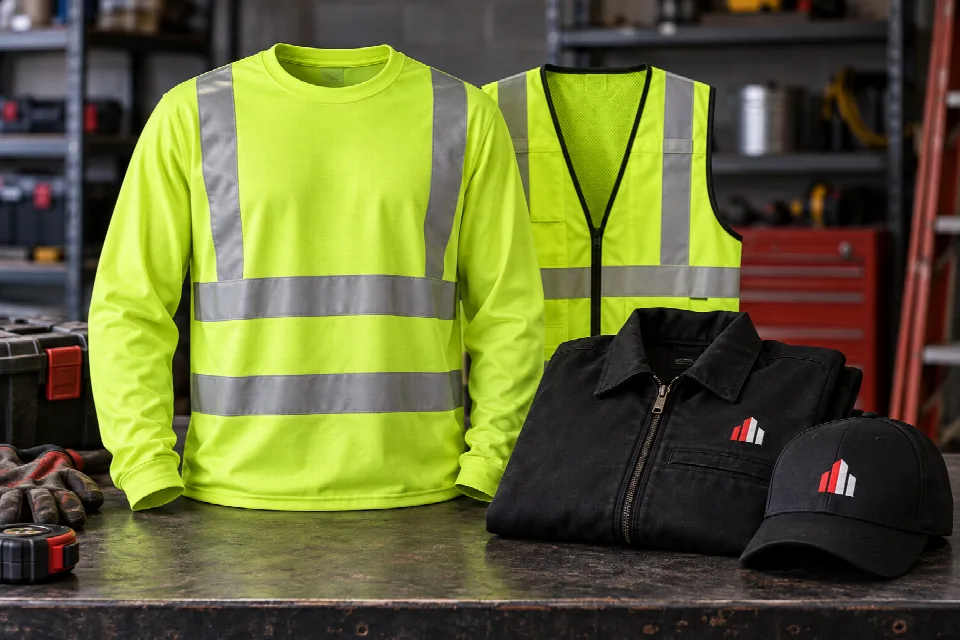 High-visibility long-sleeve work shirt and reflective vest with a black contractor jacket and cap