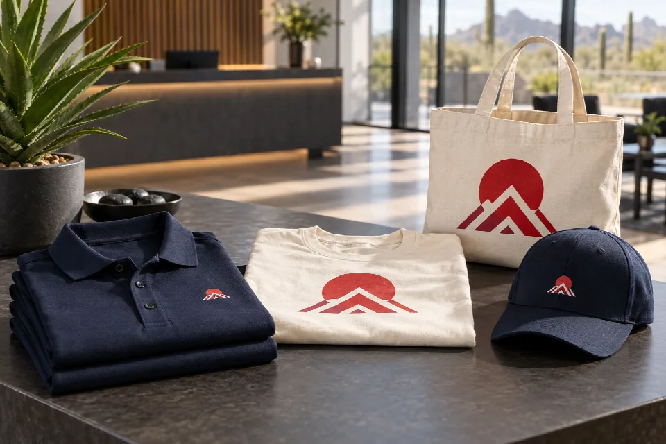 Navy polo and cap, cream event T-shirt, and canvas tote with coordinating geometric emblems at a conference reception