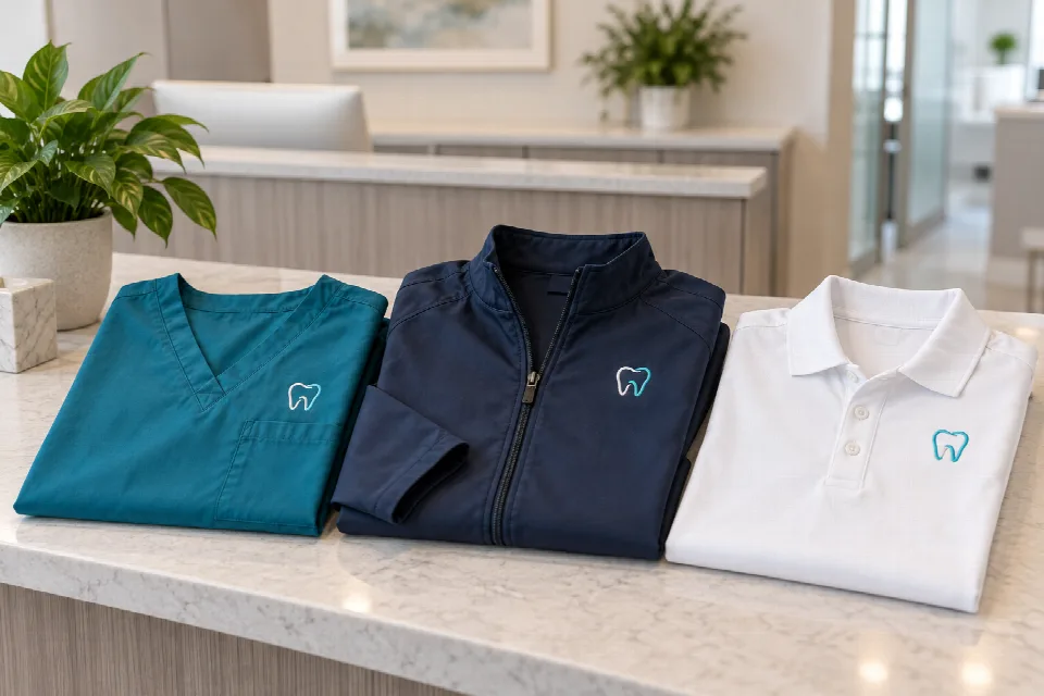 Custom dental apparel with a teal scrub top, navy warmup jacket, and white polo embroidered with tooth emblems