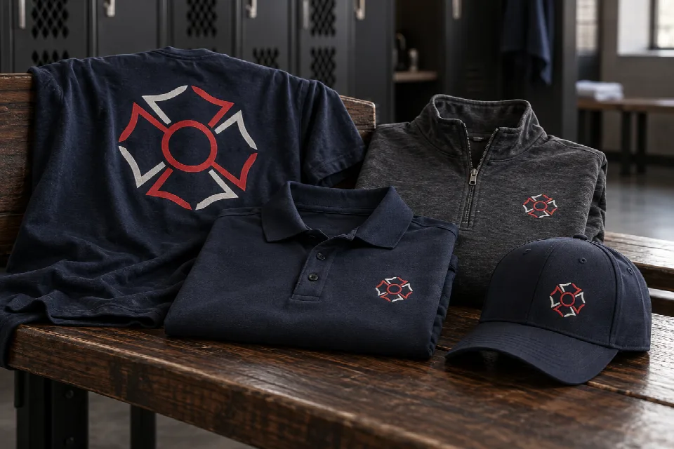 Navy station T-shirt and polo with a charcoal quarter-zip and cap featuring an original red and white geometric crest