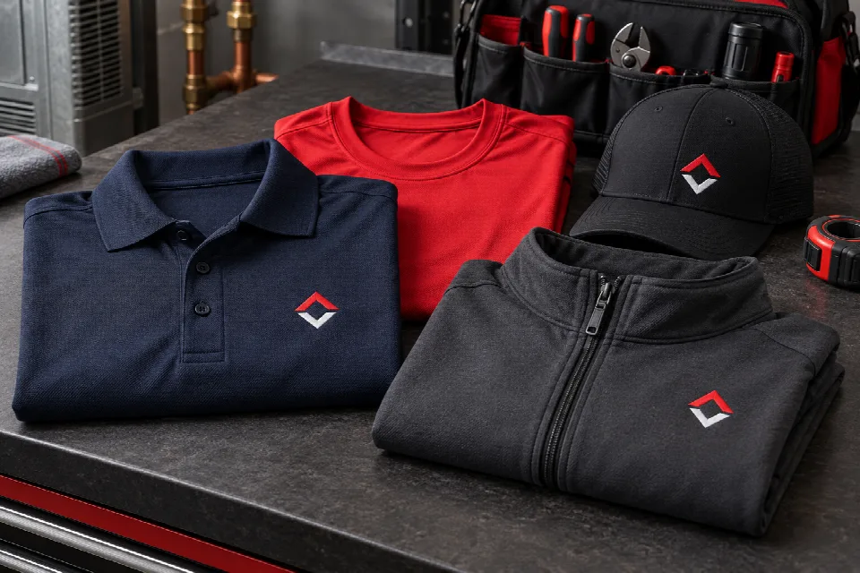 Navy embroidered polo, red performance work shirt, black cap and charcoal zip layer for home service uniforms