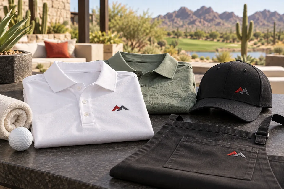 Custom hospitality and golf apparel with an embroidered polo, branded cap, and resort staff apron