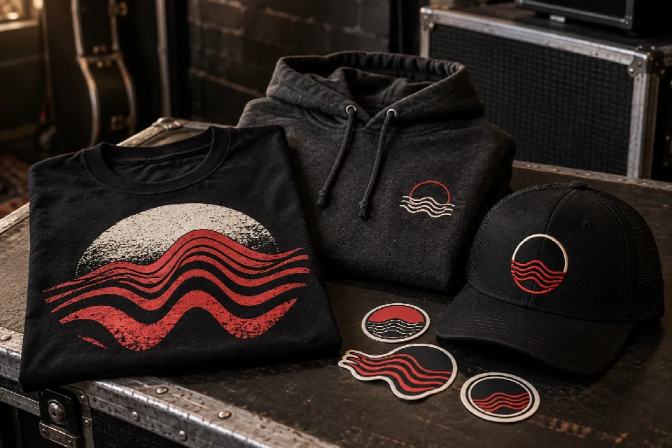 Black T-shirt with a red and cream abstract wave, charcoal hoodie, embroidered cap, and stickers on a backstage merch counter