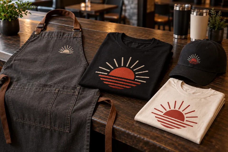Custom restaurant and brewery apparel with a printed staff T-shirt, branded apron, and cap