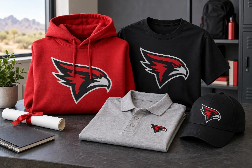 Custom school spirit wear with a printed T-shirt, hoodie, and embroidered staff polo