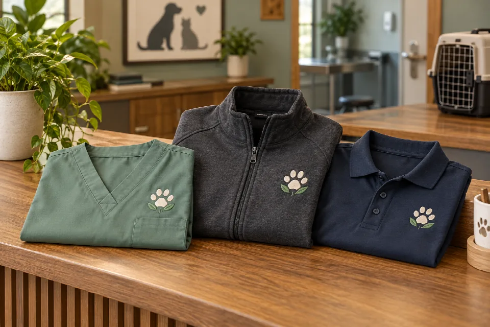 Custom veterinary apparel with a sage scrub top, charcoal jacket, and navy polo embroidered with paw emblems