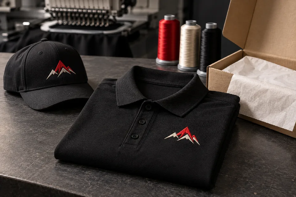 Print-on-demand embroidery fulfillment with a custom embroidered black polo and cap beside a mailing box