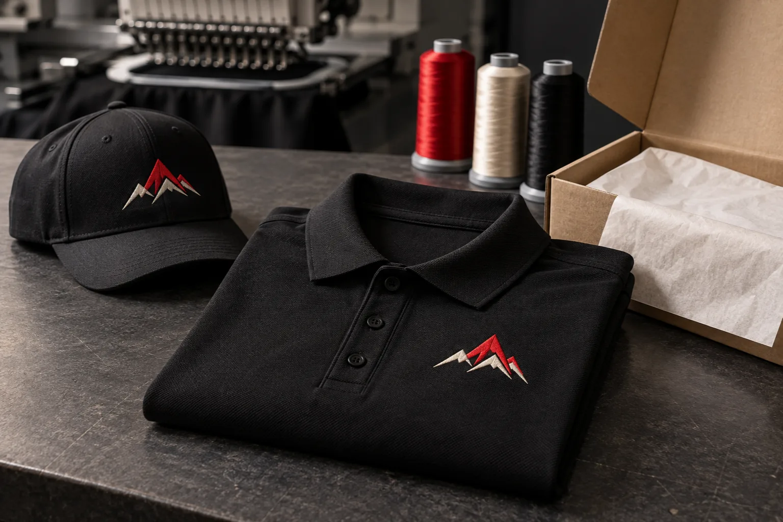 Print-on-demand embroidery fulfillment with a custom embroidered black polo and cap beside a mailing box
