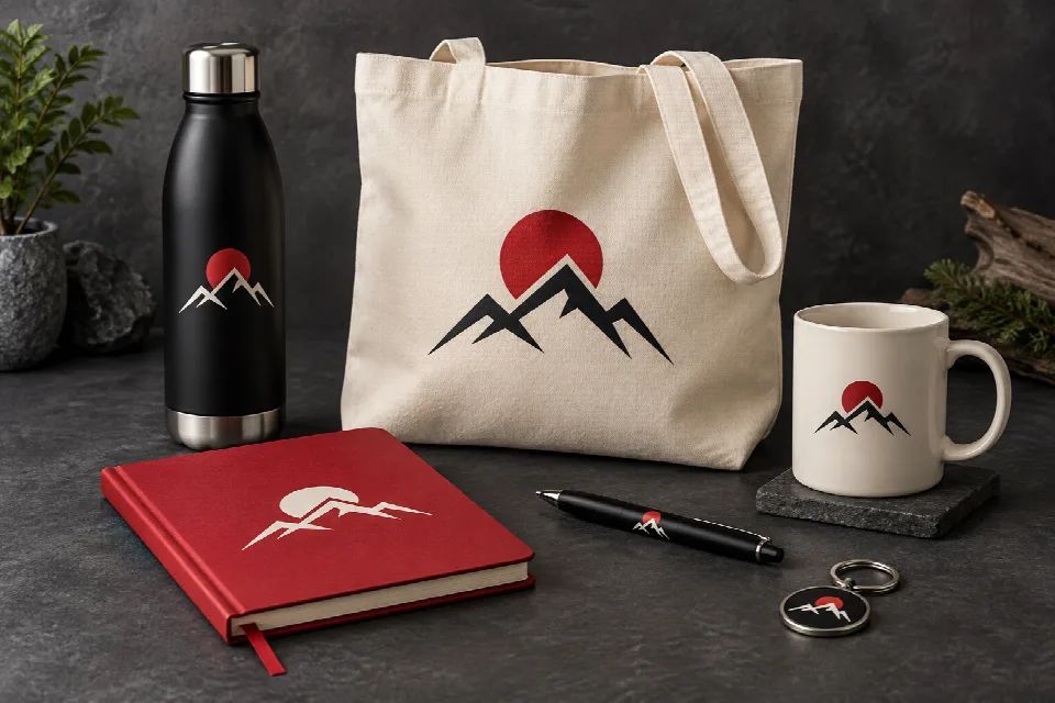 Custom promotional products with matching artwork on a bottle, mug, tote bag, notebook, pen and keyring