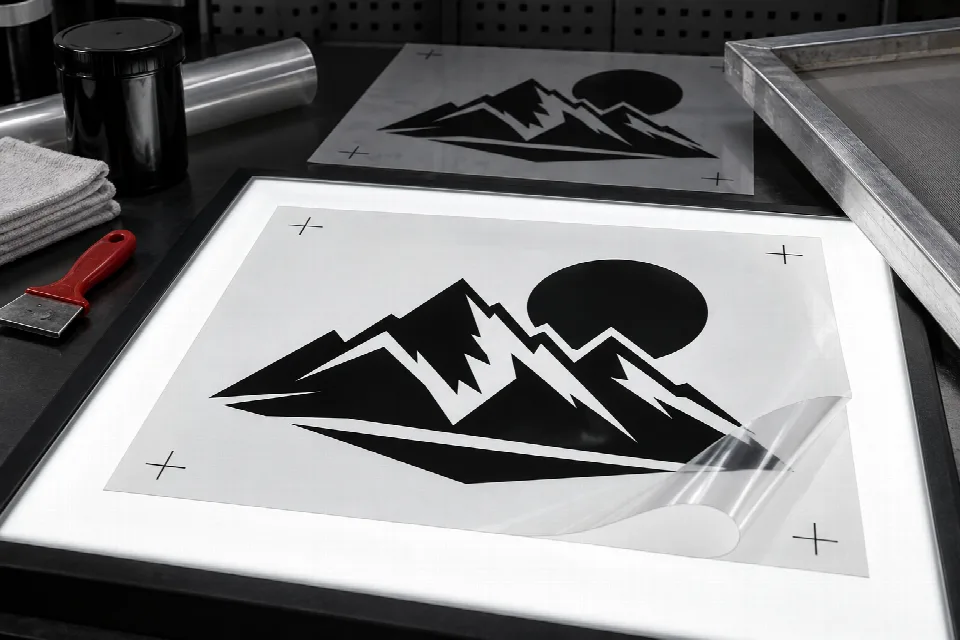 Screen print film output with an opaque black mountain stencil and registration marks on a light table