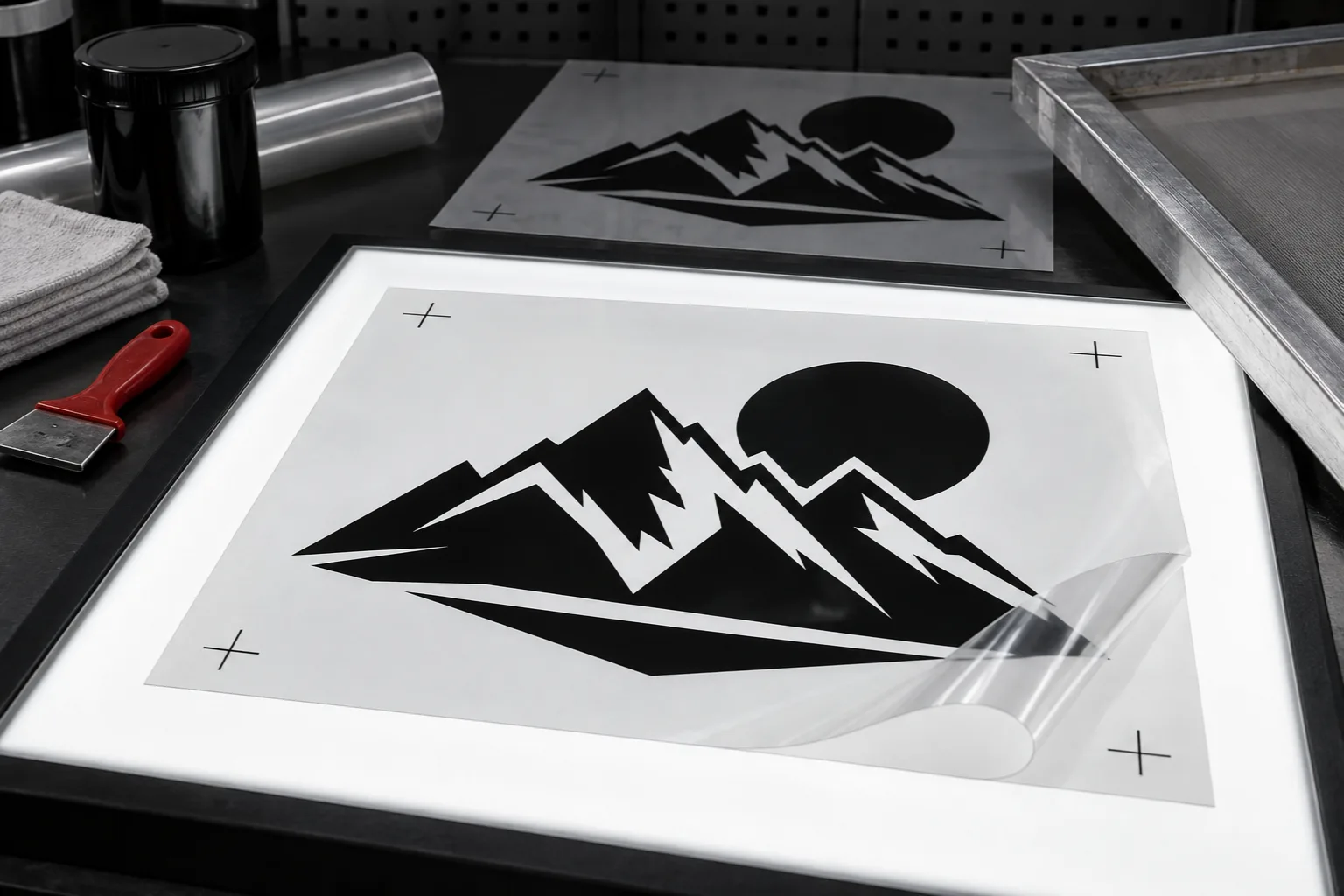 Screen print film output with an opaque black mountain stencil and registration marks on a light table