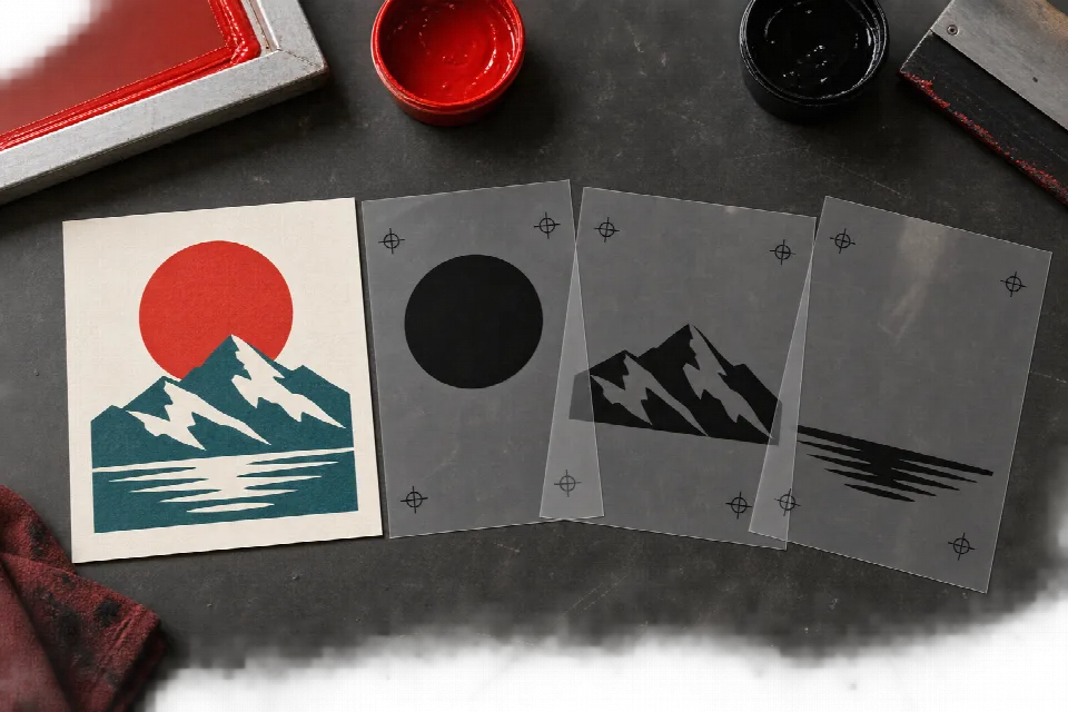 Screen printing color separations with a mountain art proof and three black film positives