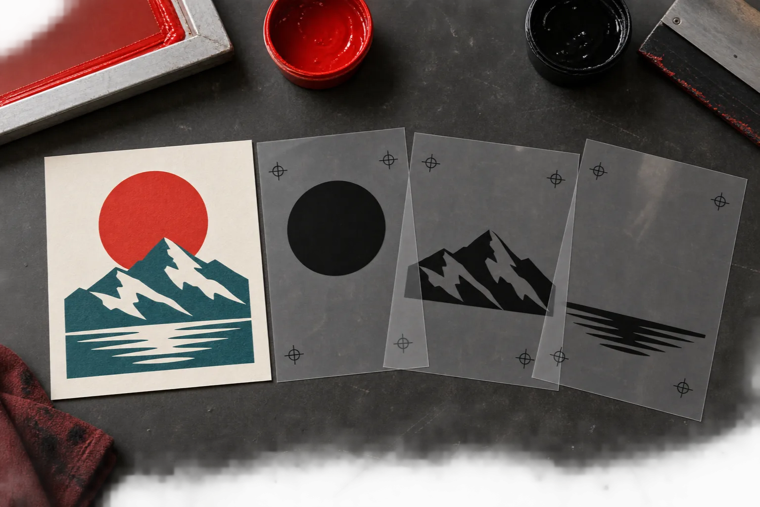 Screen printing color separations with a mountain art proof and three black film positives