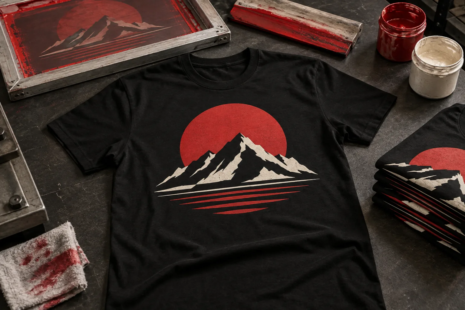 Custom screen printing on a black T-shirt with a red and cream mountain design beside a screen and squeegee