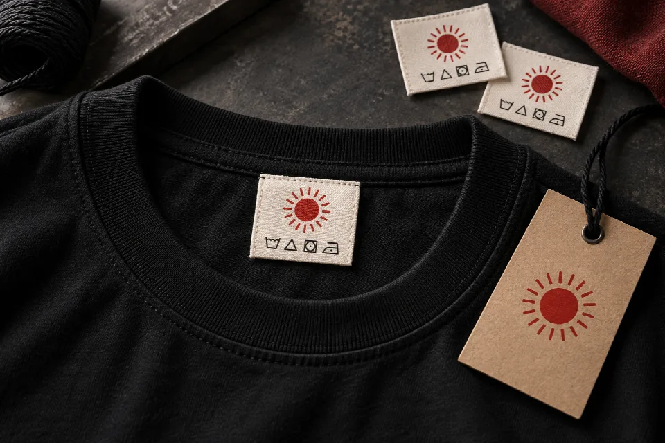 Custom shirt tags and woven clothing labels with a red sun emblem on a black T-shirt and matching kraft hang tag