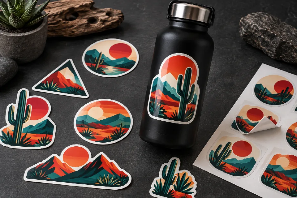Custom die-cut vinyl stickers with colorful desert designs on backing sheets and a black water bottle