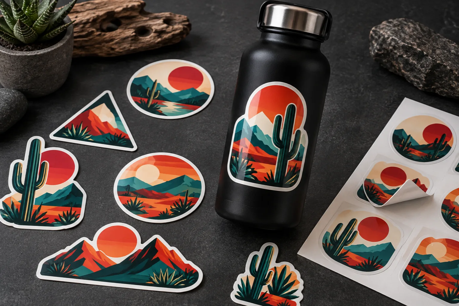 Custom die-cut vinyl stickers with colorful desert designs on backing sheets and a black water bottle