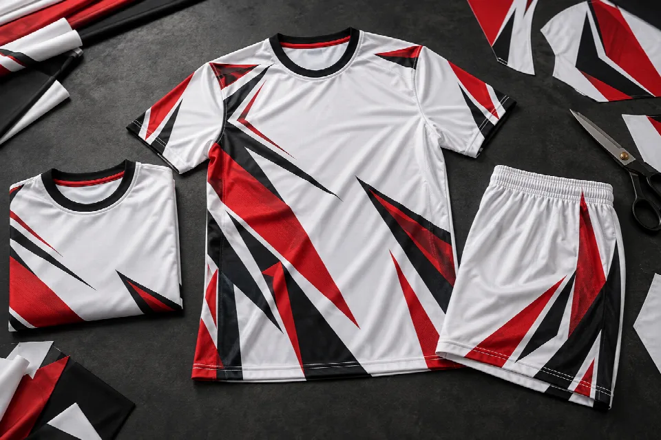 Custom sublimation cut and sew jersey and shorts with red, black and white graphics beside printed fabric panels