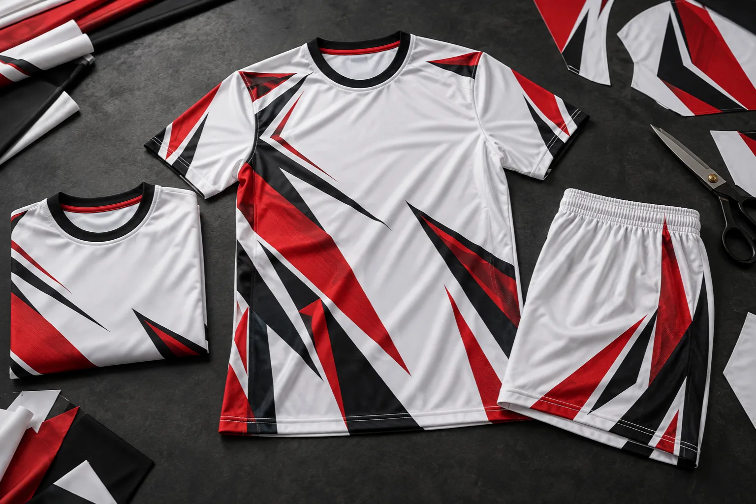Custom sublimation cut and sew jersey and shorts with red, black and white graphics beside printed fabric panels