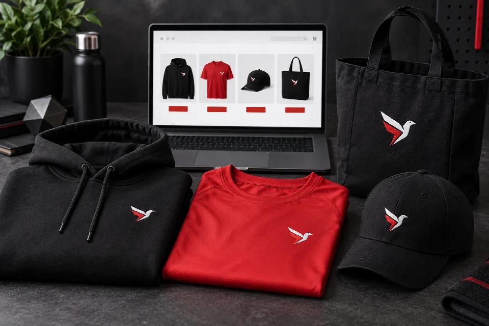 Custom online team store with matching hoodie, T-shirt, cap and tote bag beside a laptop product display