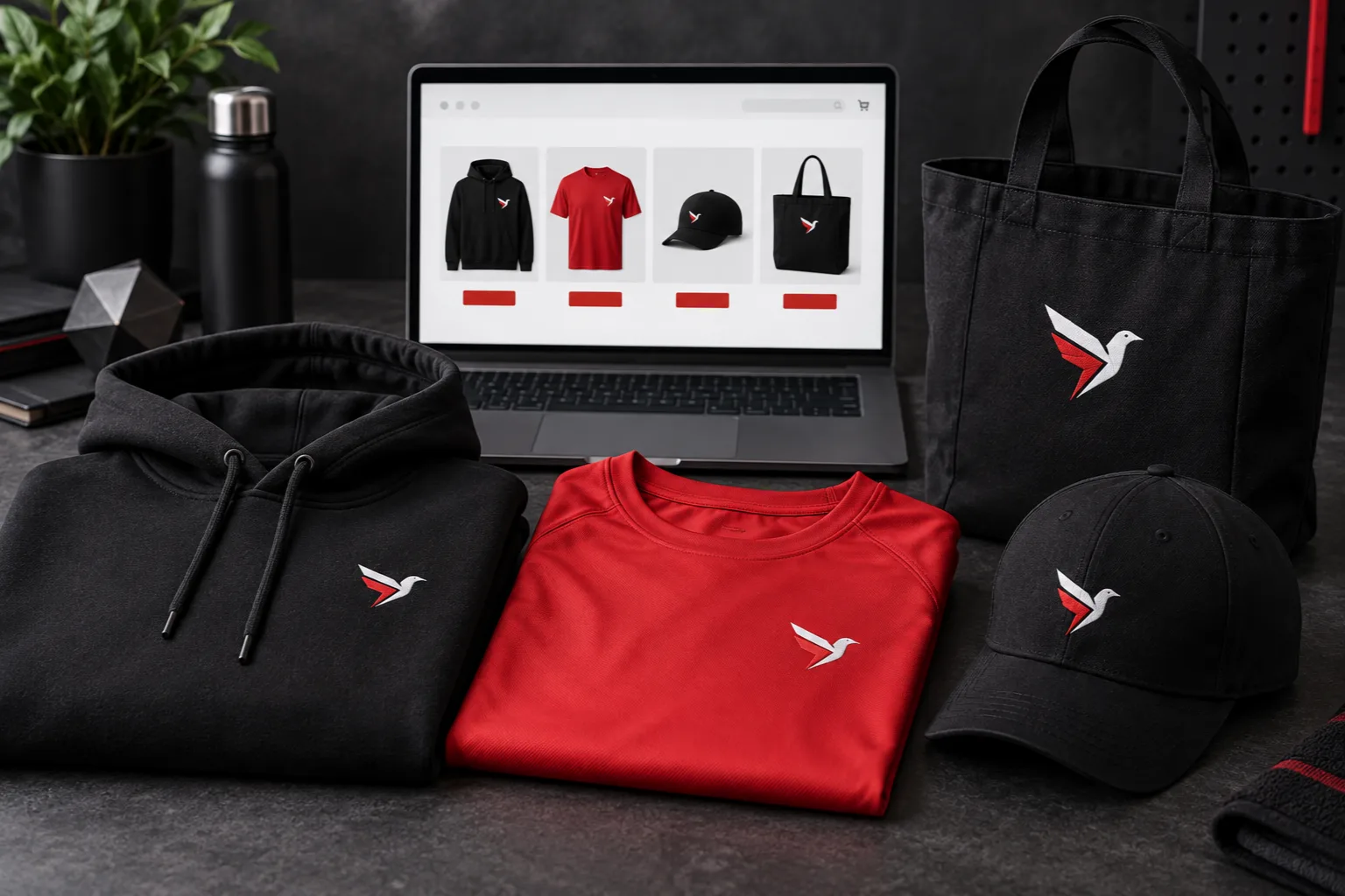 Custom online team store with matching hoodie, T-shirt, cap and tote bag beside a laptop product display